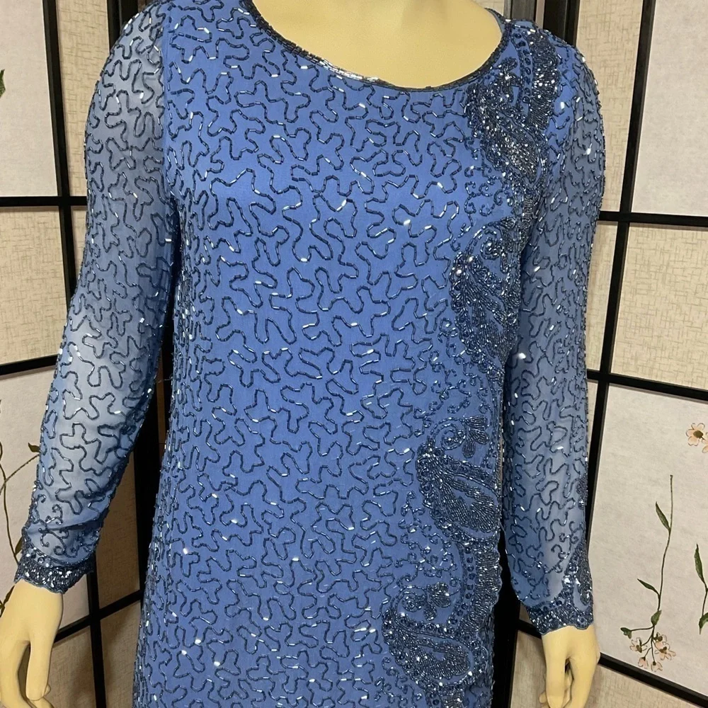 NITELINE by Della Roufogali Vintage 100% Silk Beaded Cocktail Dress Size 8